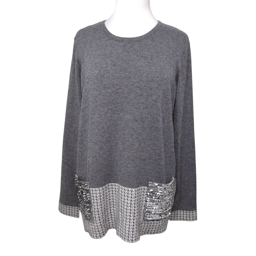 Renuar Heather Gray Sequin Pocket Round Neck Sweater in Size Large NWT